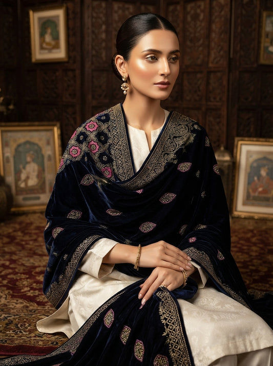 Full Embroidered Velvet Shawl – Luxury All-Over Embroidery