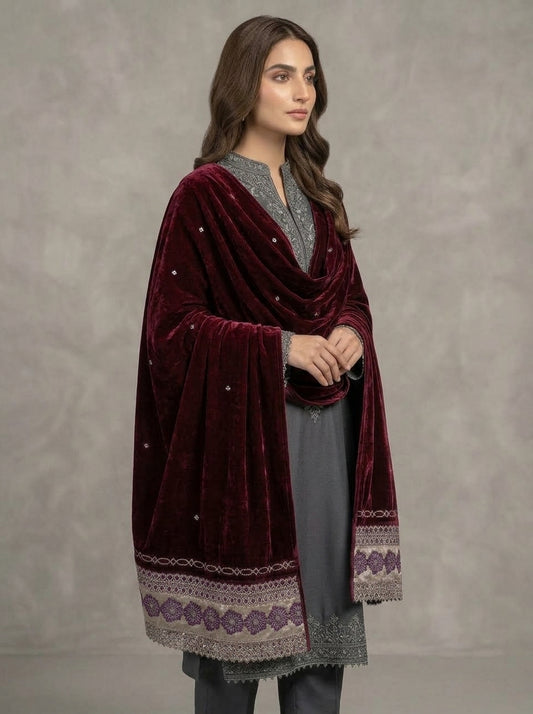Velvet Shawl with Elegant Lace Border – Premium Winter Shawl