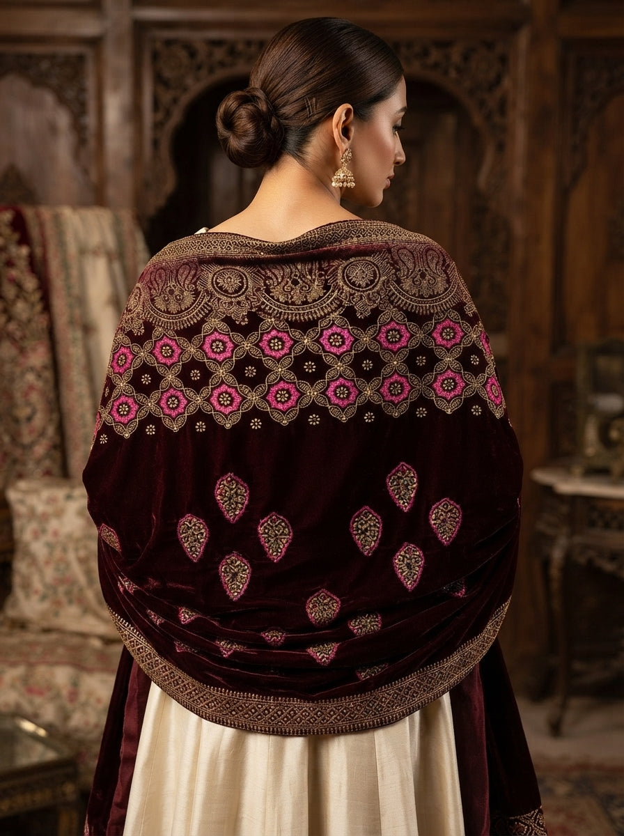 Full Embroidered Velvet Shawl – Luxury All-Over Embroidery