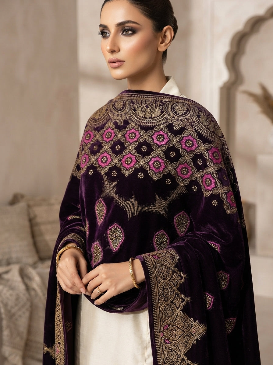 Full Embroidered Velvet Shawl – Luxury All-Over Embroidery