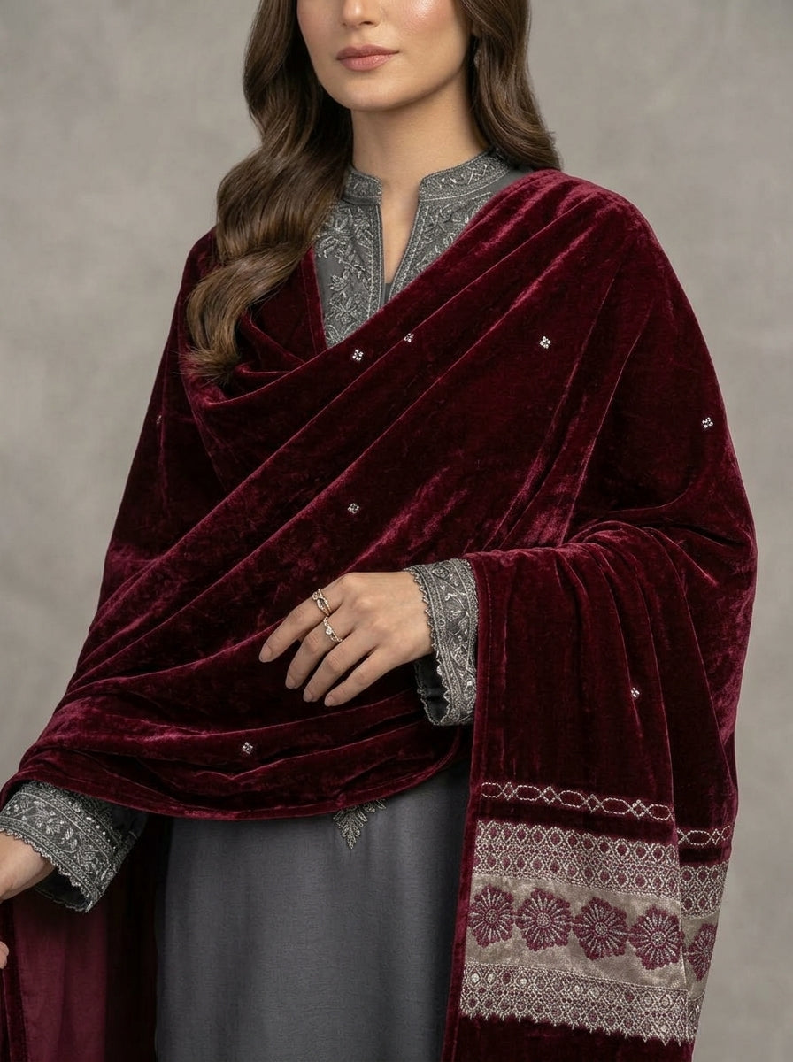 Velvet Shawl with Elegant Lace Border – Premium Winter Shawl