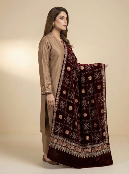Luxury Embroidered Velvet Shawl – Elegant Full Shawl for Women