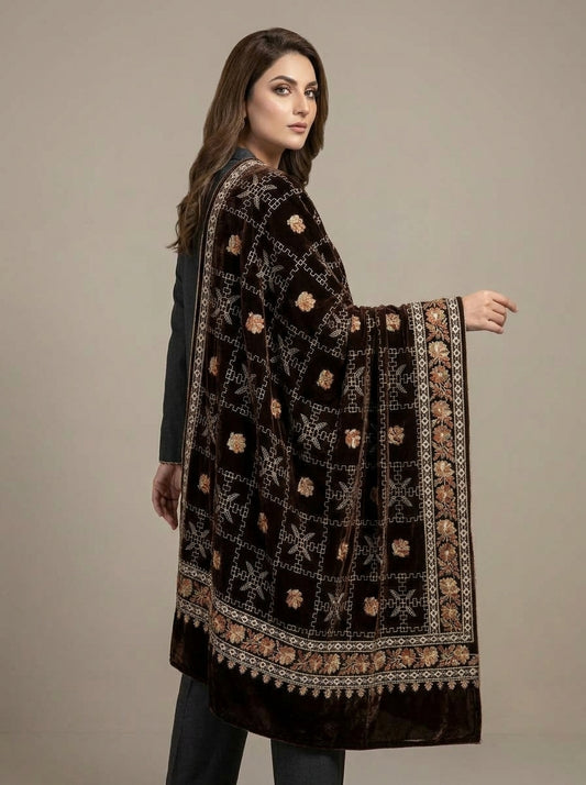 Luxury Embroidered Velvet Shawl – Elegant Full Shawl for Women