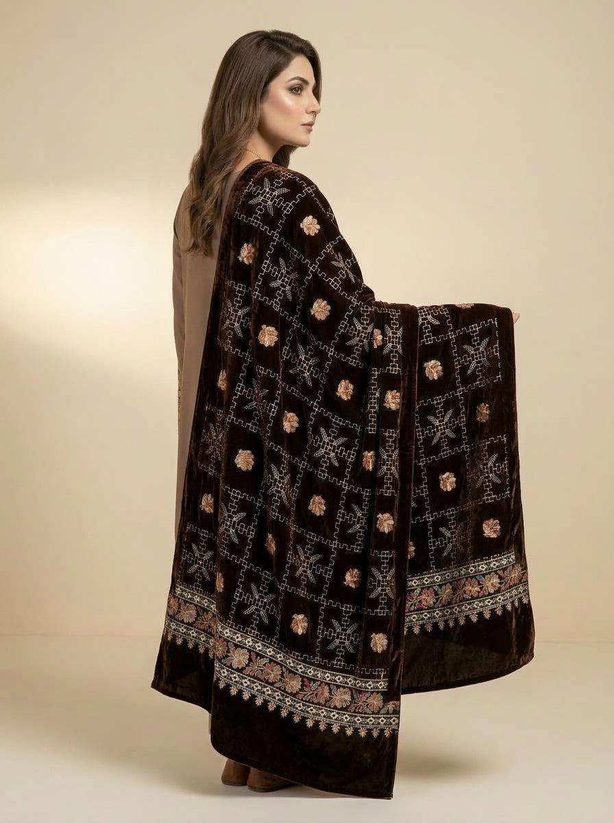 Luxury Embroidered Velvet Shawl – Elegant Full Shawl for Women
