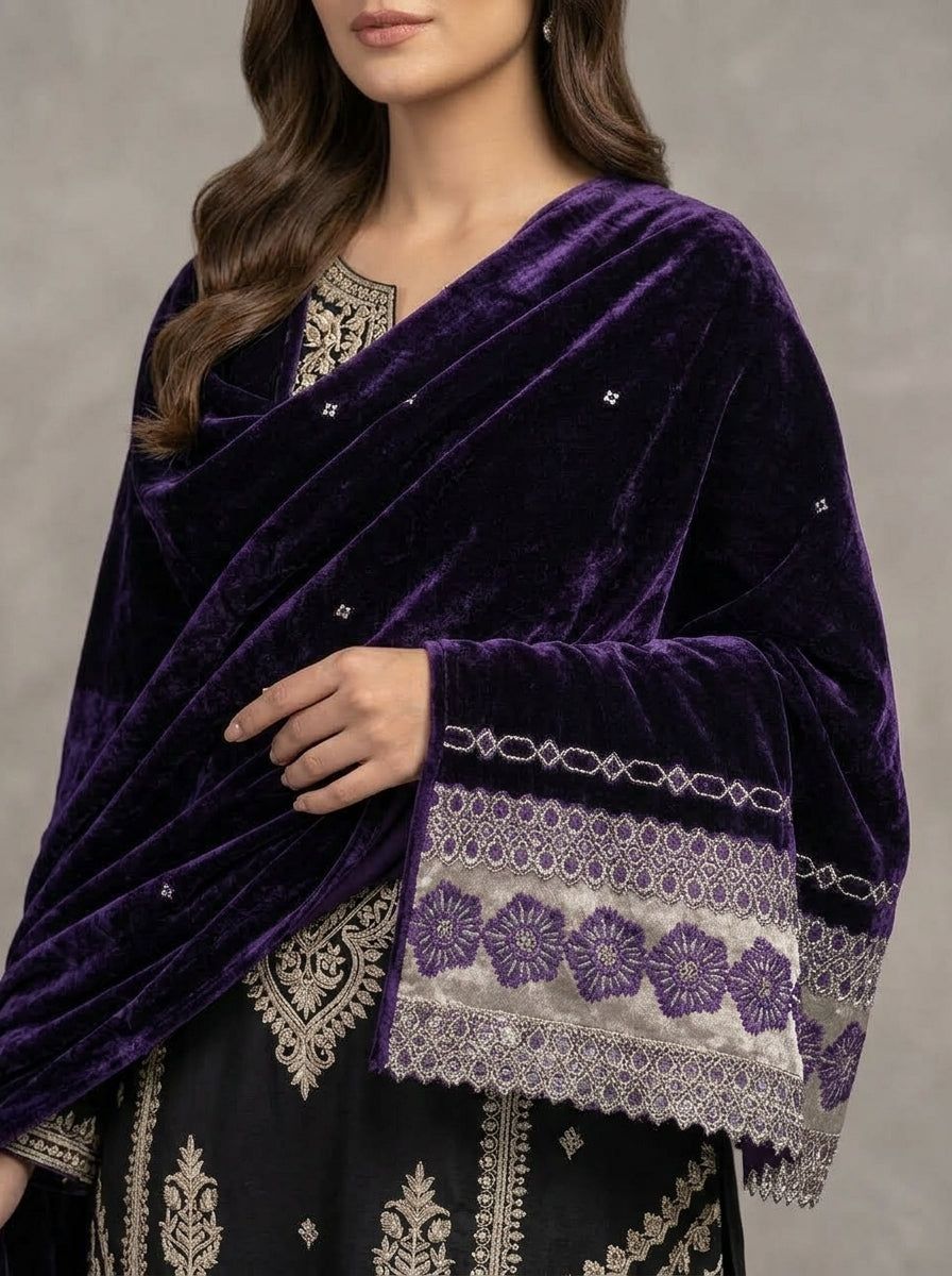 Velvet Shawl with Elegant Lace Border – Premium Winter Shawl