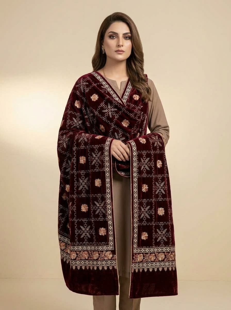 Luxury Embroidered Velvet Shawl – Elegant Full Shawl for Women
