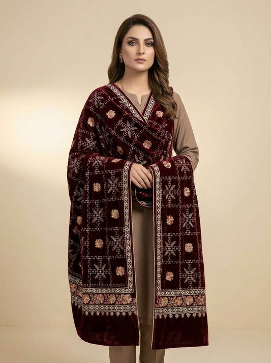 Luxury Embroidered Velvet Shawl – Elegant Full Shawl for Women
