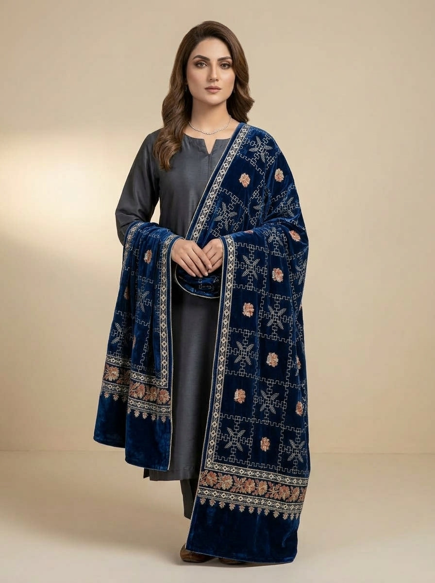 Luxury Embroidered Velvet Shawl – Elegant Full Shawl for Women