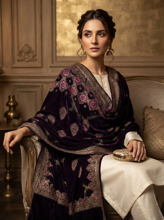 Full Embroidered Velvet Shawl – Luxury All-Over Embroidery