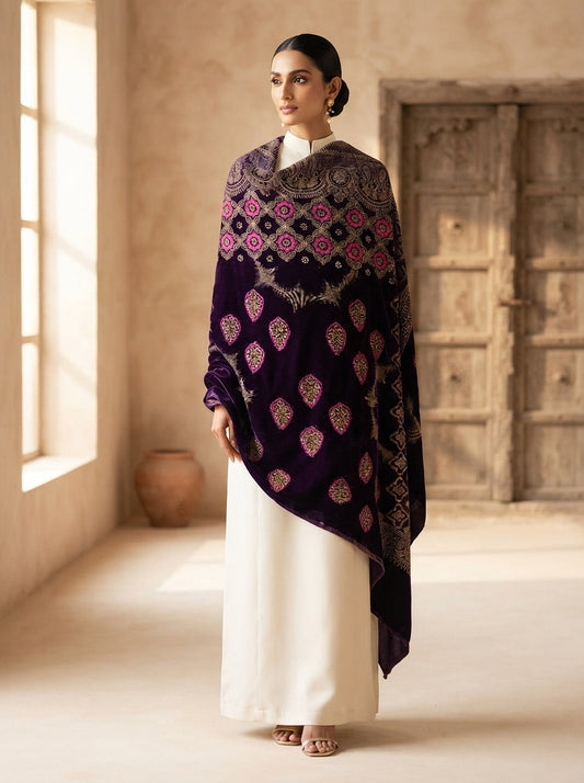 Full Embroidered Velvet Shawl – Luxury All-Over Embroidery
