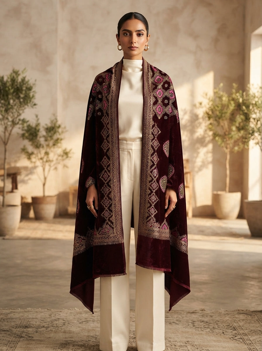 Full Embroidered Velvet Shawl – Luxury All-Over Embroidery
