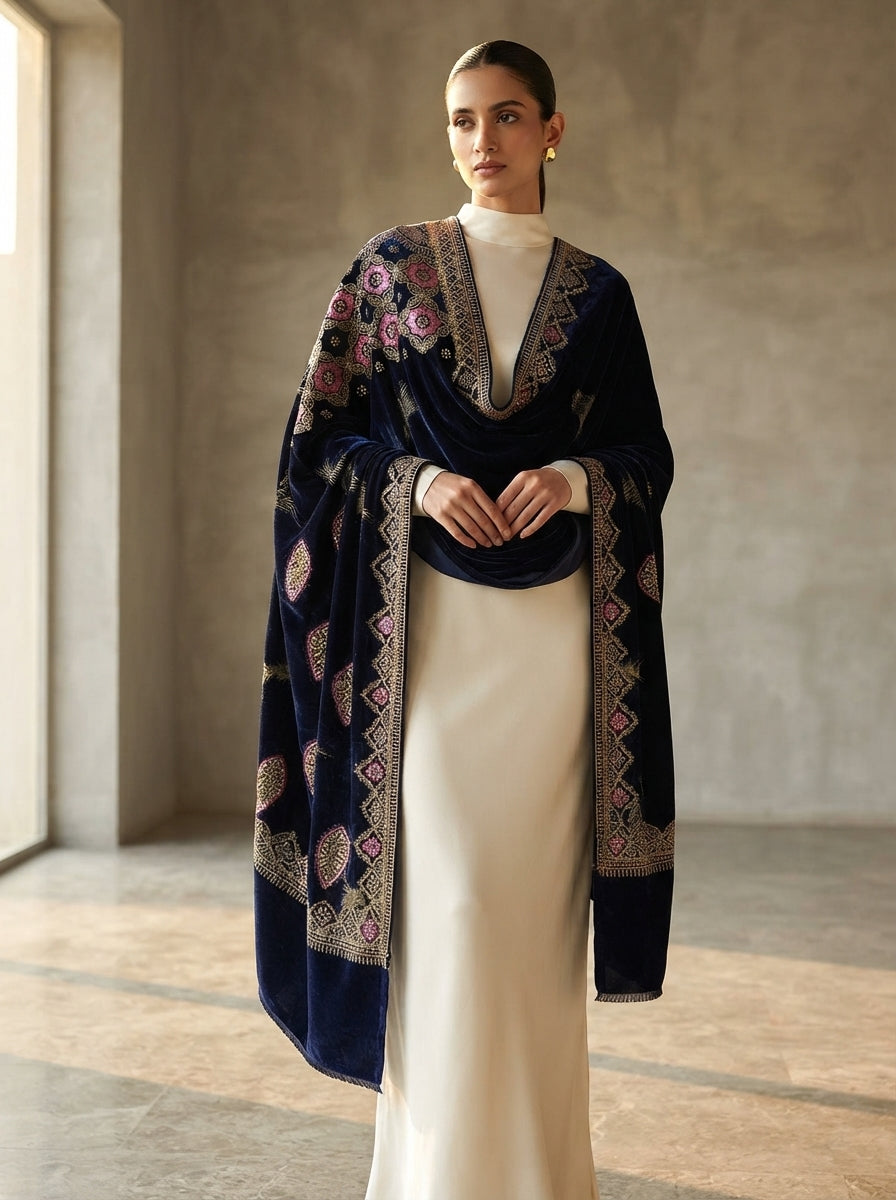 Full Embroidered Velvet Shawl – Luxury All-Over Embroidery