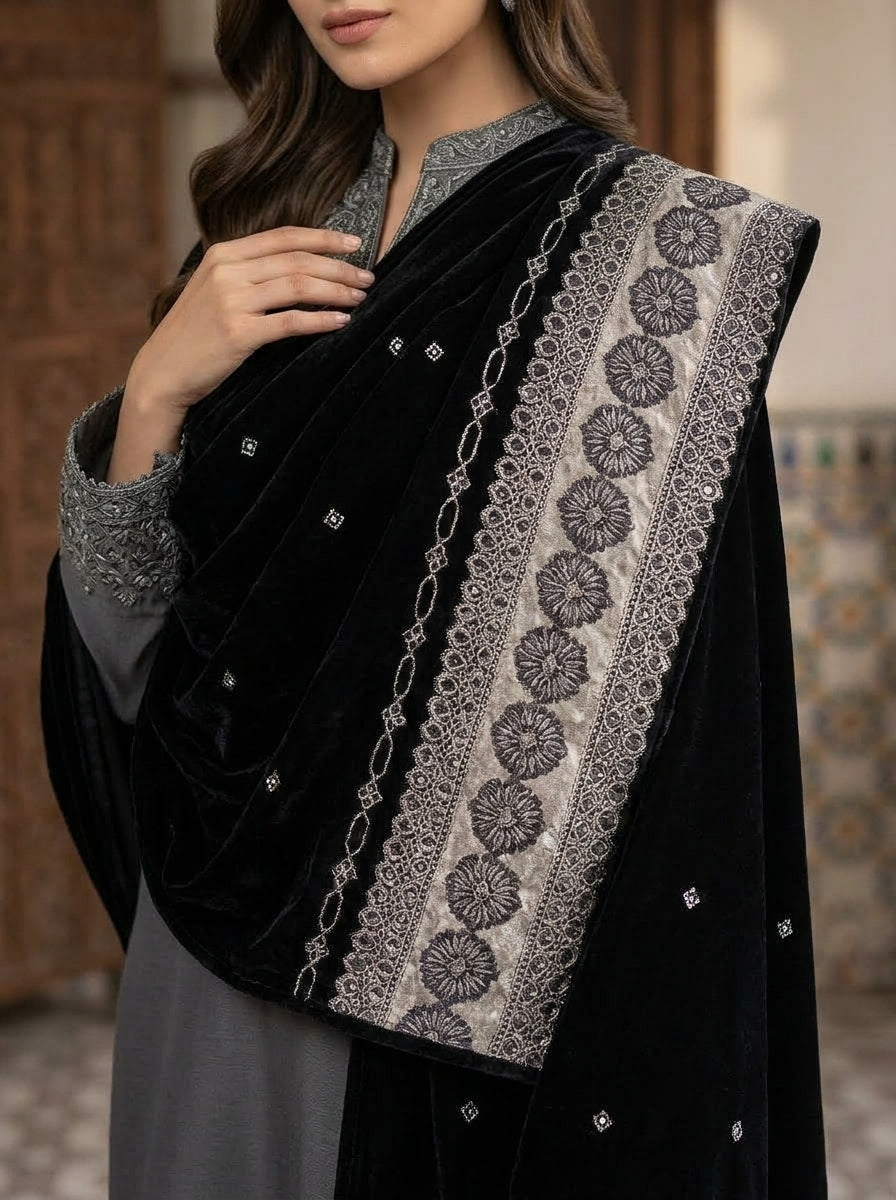 Velvet Shawl with Elegant Lace Border – Premium Winter Shawl