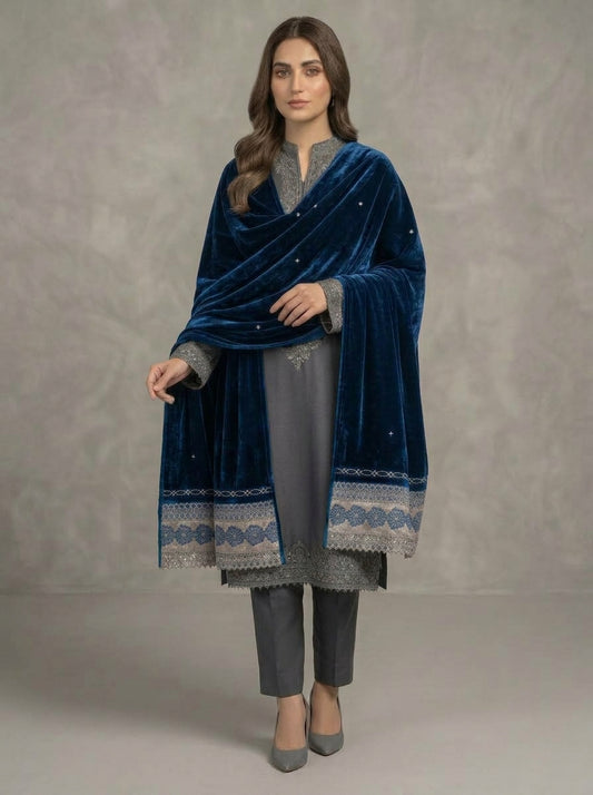 Velvet Shawl with Elegant Lace Border – Premium Winter Shawl