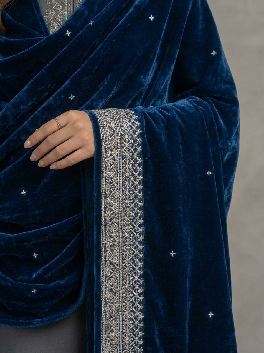 Velvet Shawl with Elegant Lace Border – Premium Winter Shawl