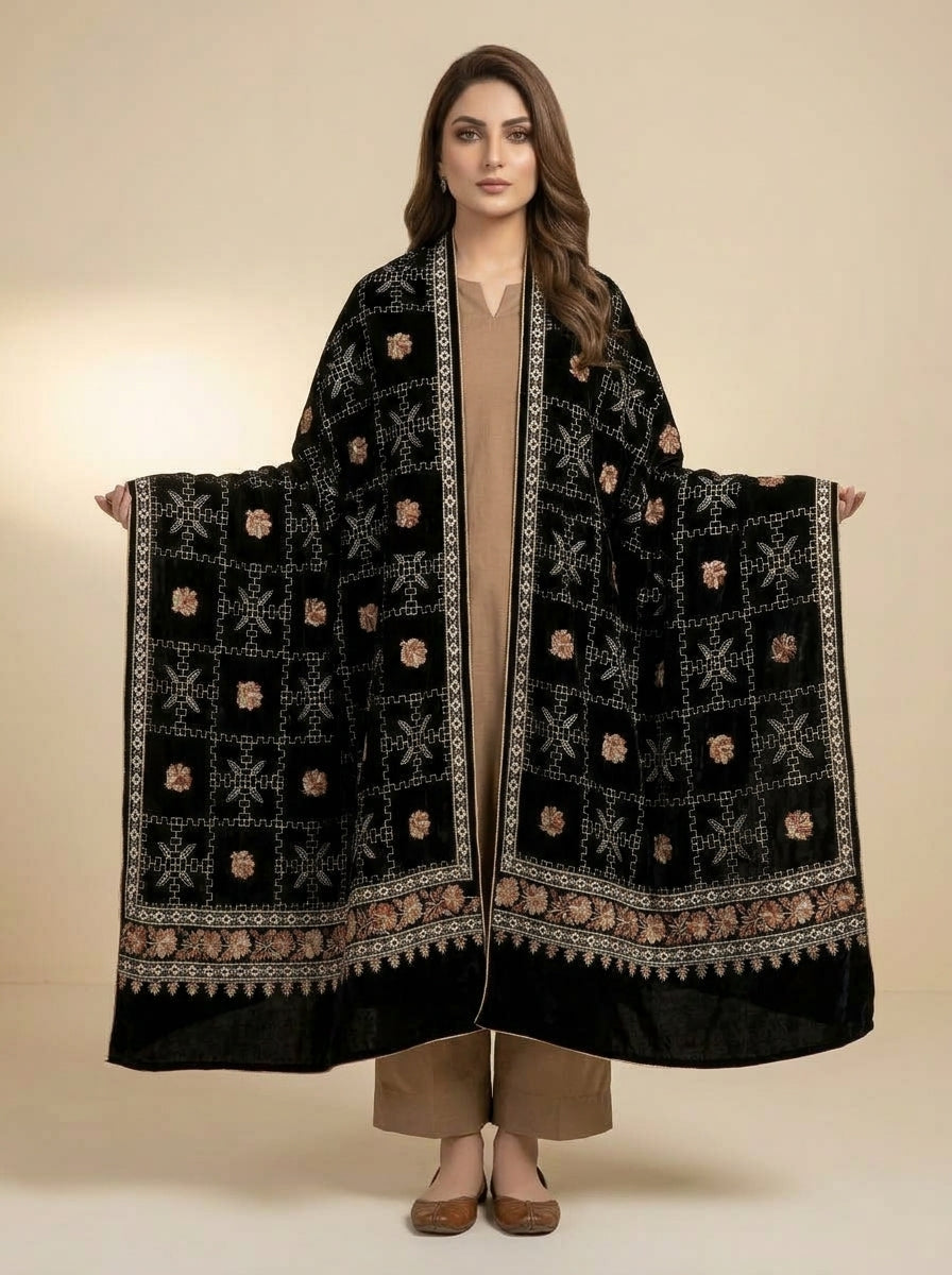 Luxury Embroidered Velvet Shawl – Elegant Full Shawl for Women