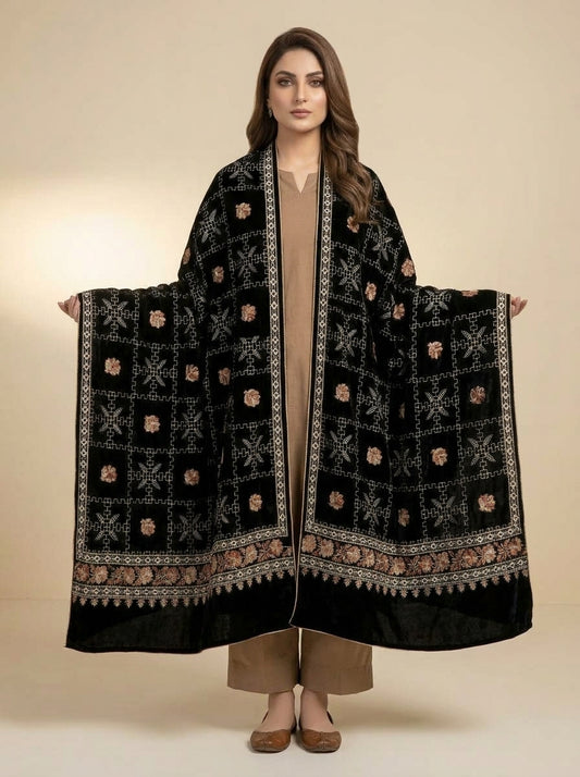 Luxury Embroidered Velvet Shawl – Elegant Full Shawl for Women