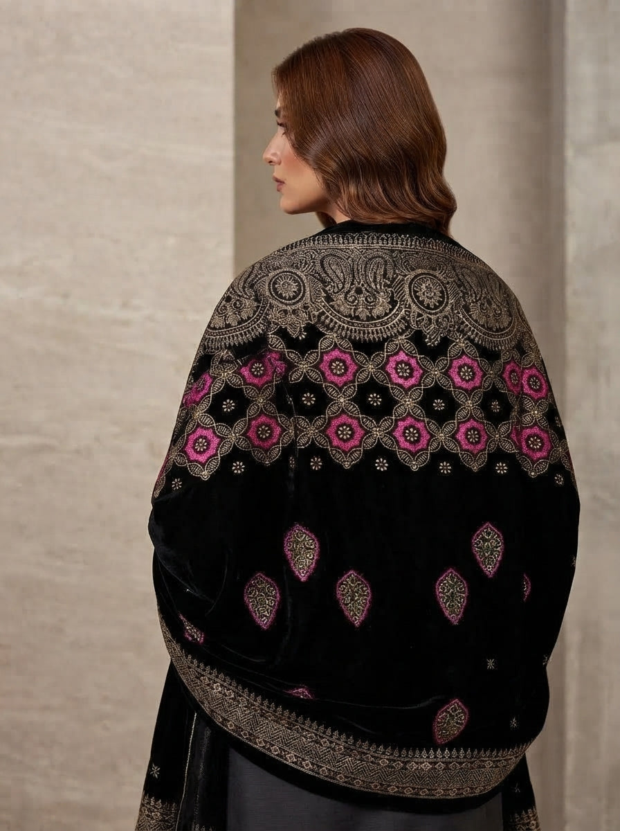 Full Embroidered Velvet Shawl – Luxury All-Over Embroidery