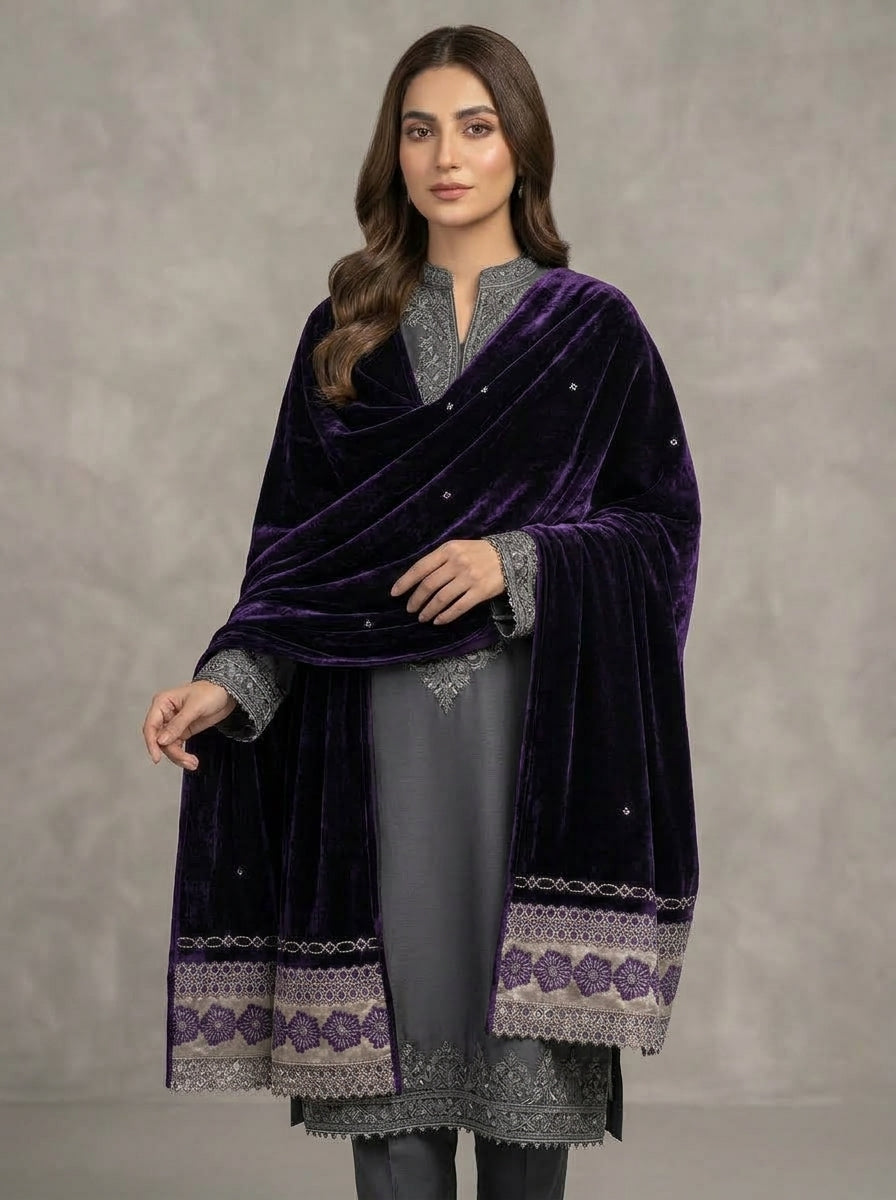 Velvet Shawl with Elegant Lace Border – Premium Winter Shawl