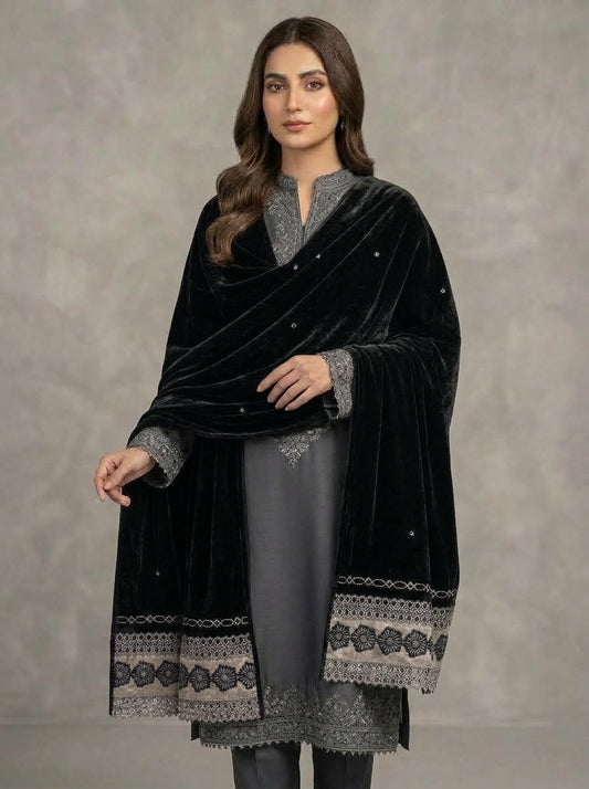Velvet Shawl with Elegant Lace Border – Premium Winter Shawl