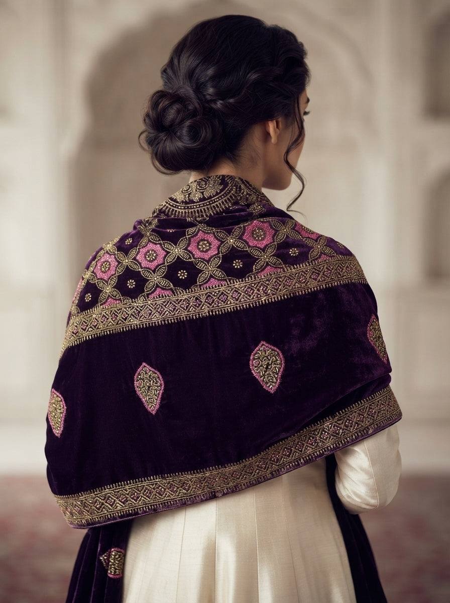 Full Embroidered Velvet Shawl – Luxury All-Over Embroidery