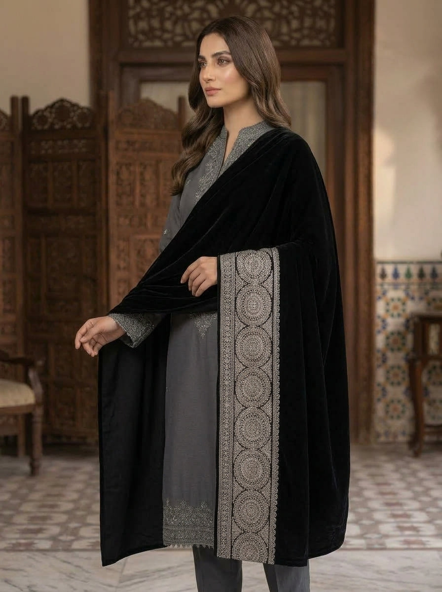 Velvet Shawl with Elegant Lace Border – Premium Winter Shawl
