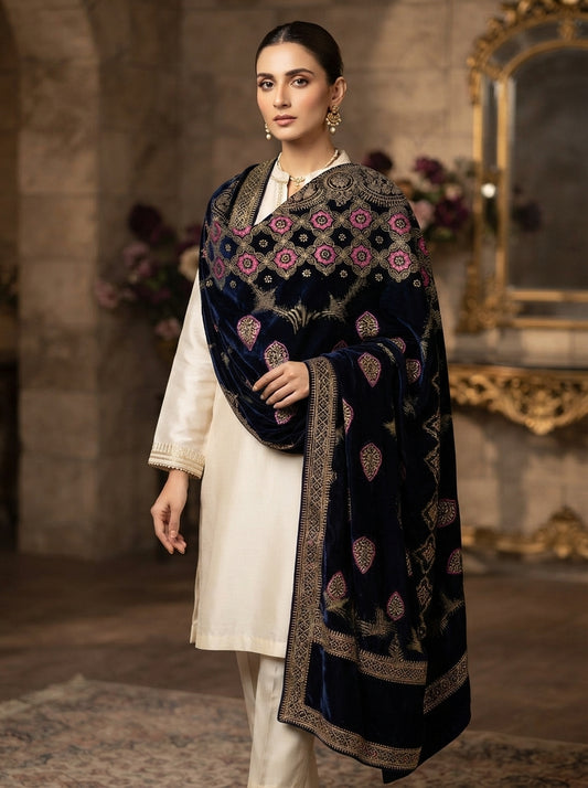 Full Embroidered Velvet Shawl – Luxury All-Over Embroidery