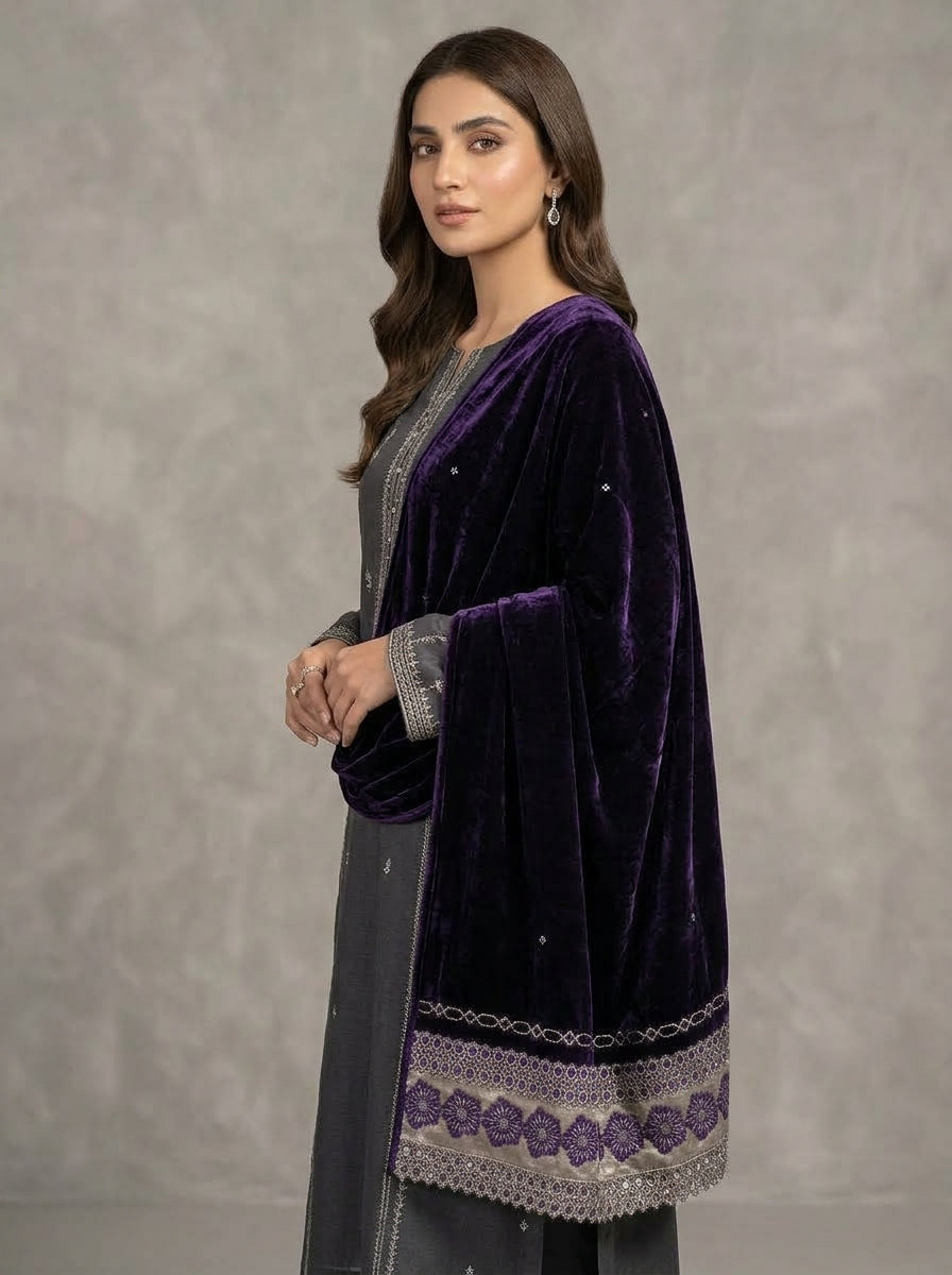 Velvet Shawl with Elegant Lace Border – Premium Winter Shawl