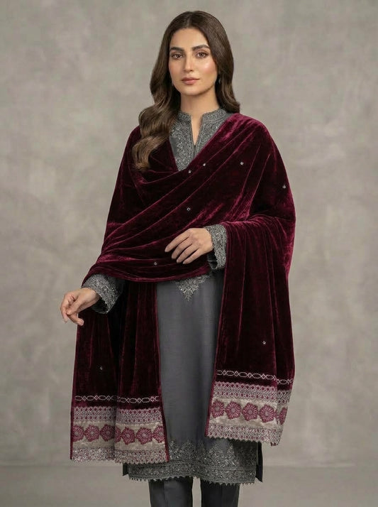 Velvet Shawl with Elegant Lace Border – Premium Winter Shawl