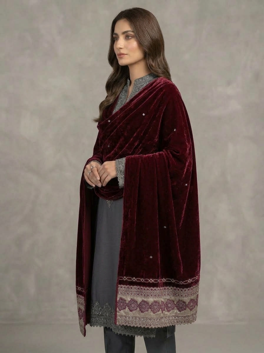 Velvet Shawl with Elegant Lace Border – Premium Winter Shawl
