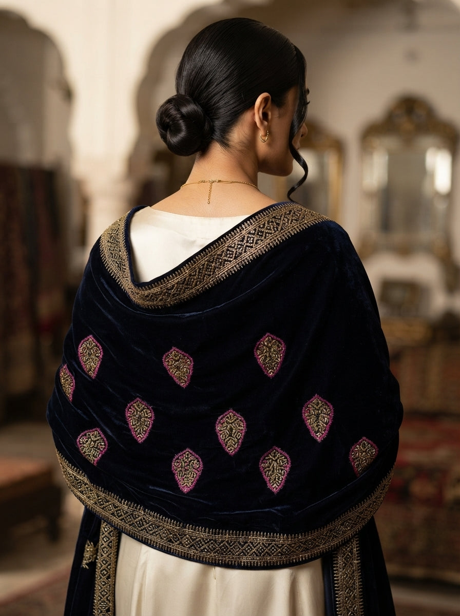Full Embroidered Velvet Shawl – Luxury All-Over Embroidery