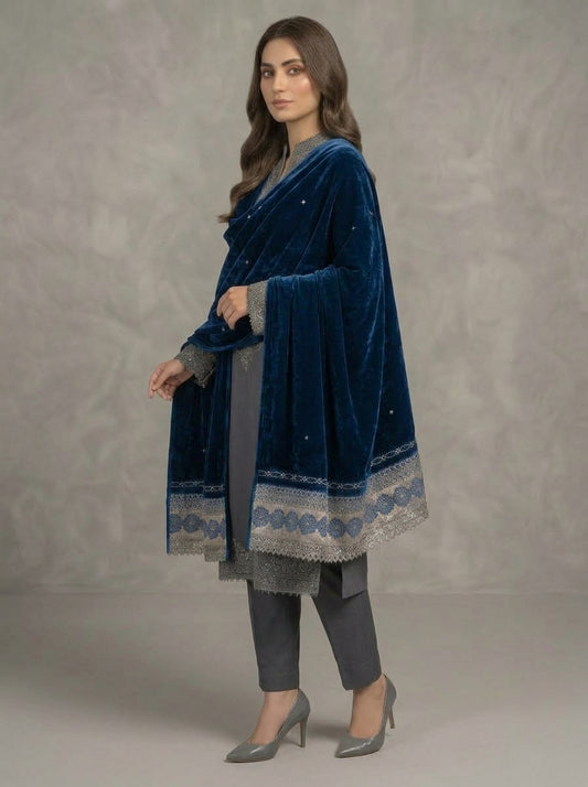 Velvet Shawl with Elegant Lace Border – Premium Winter Shawl