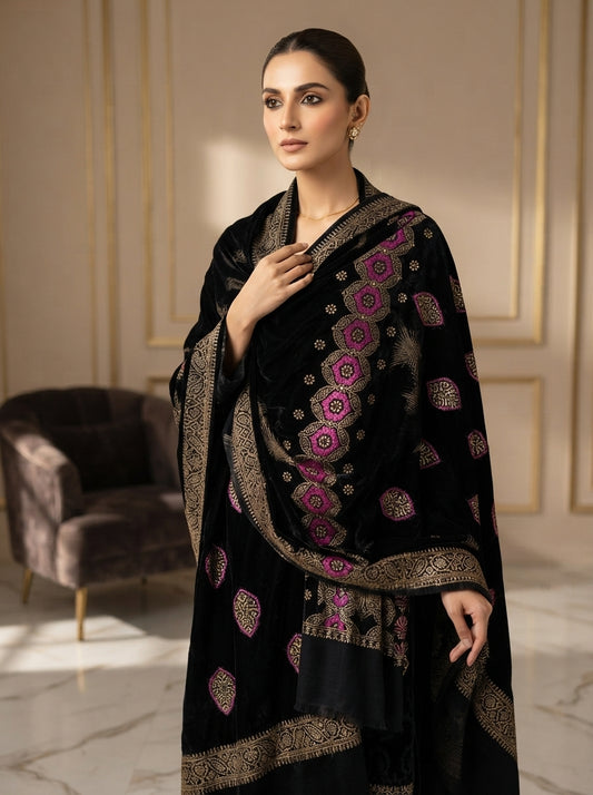 Full Embroidered Velvet Shawl – Luxury All-Over Embroidery