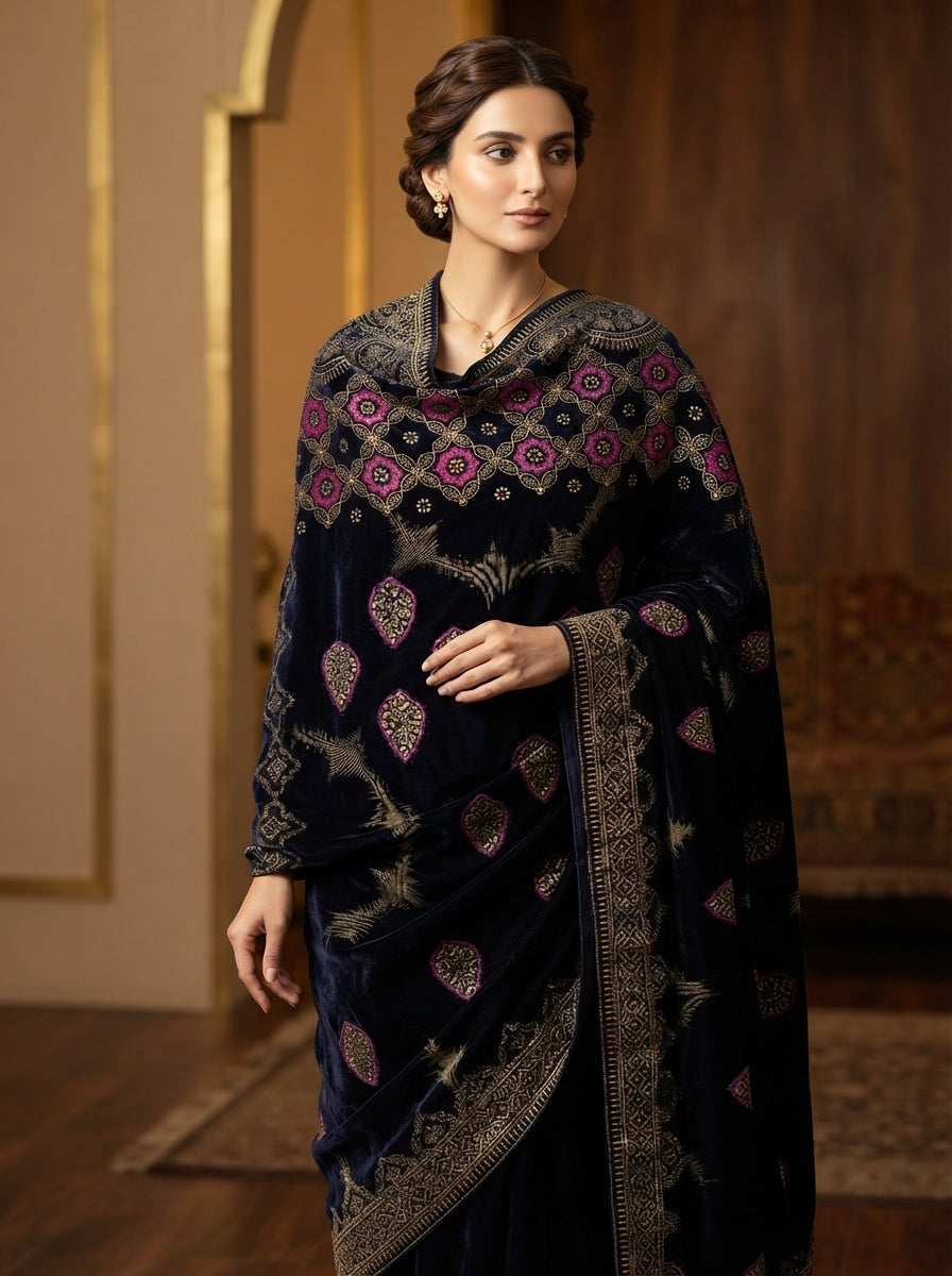 Full Embroidered Velvet Shawl – Luxury All-Over Embroidery