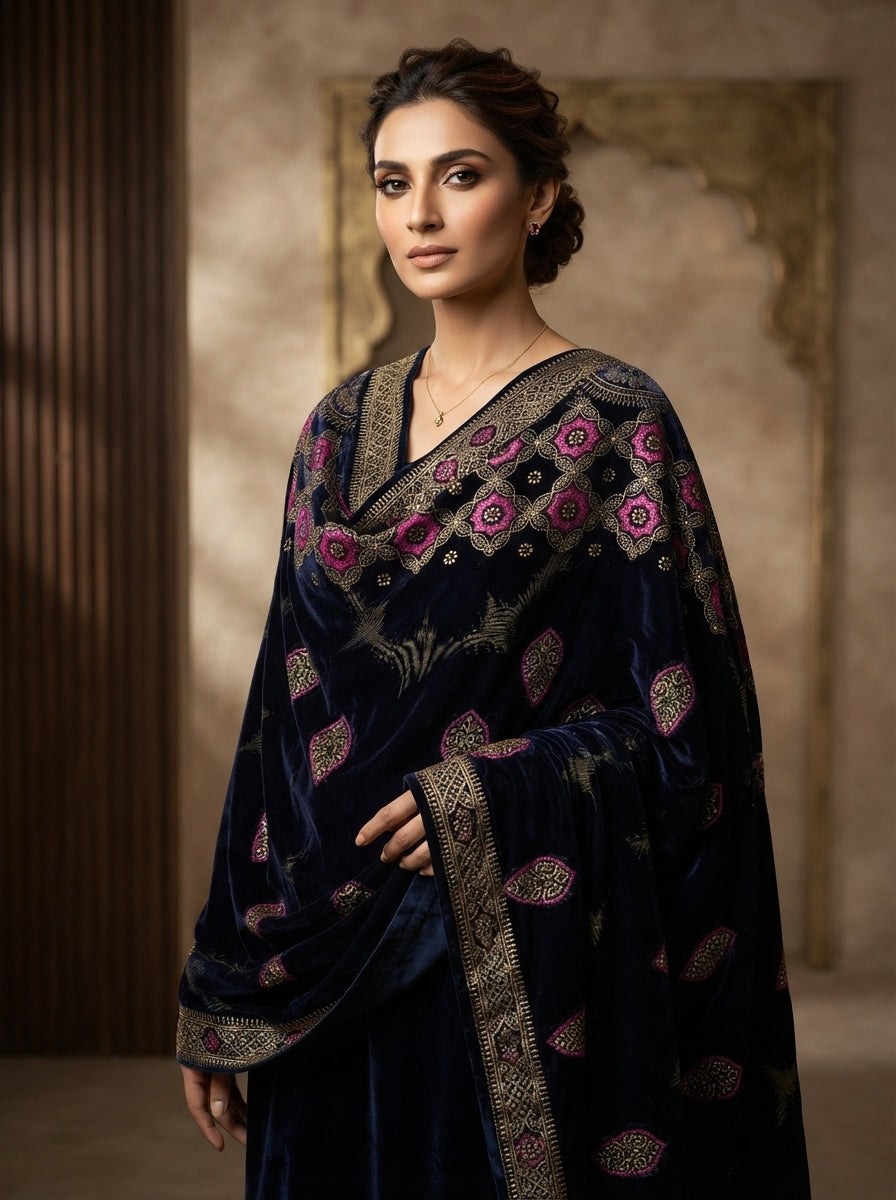 Full Embroidered Velvet Shawl – Luxury All-Over Embroidery