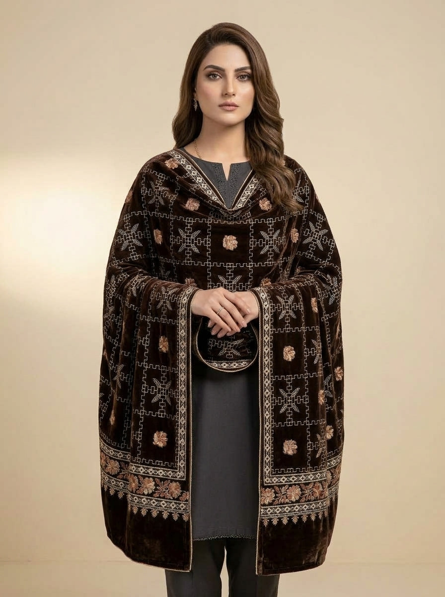 Luxury Embroidered Velvet Shawl – Elegant Full Shawl for Women
