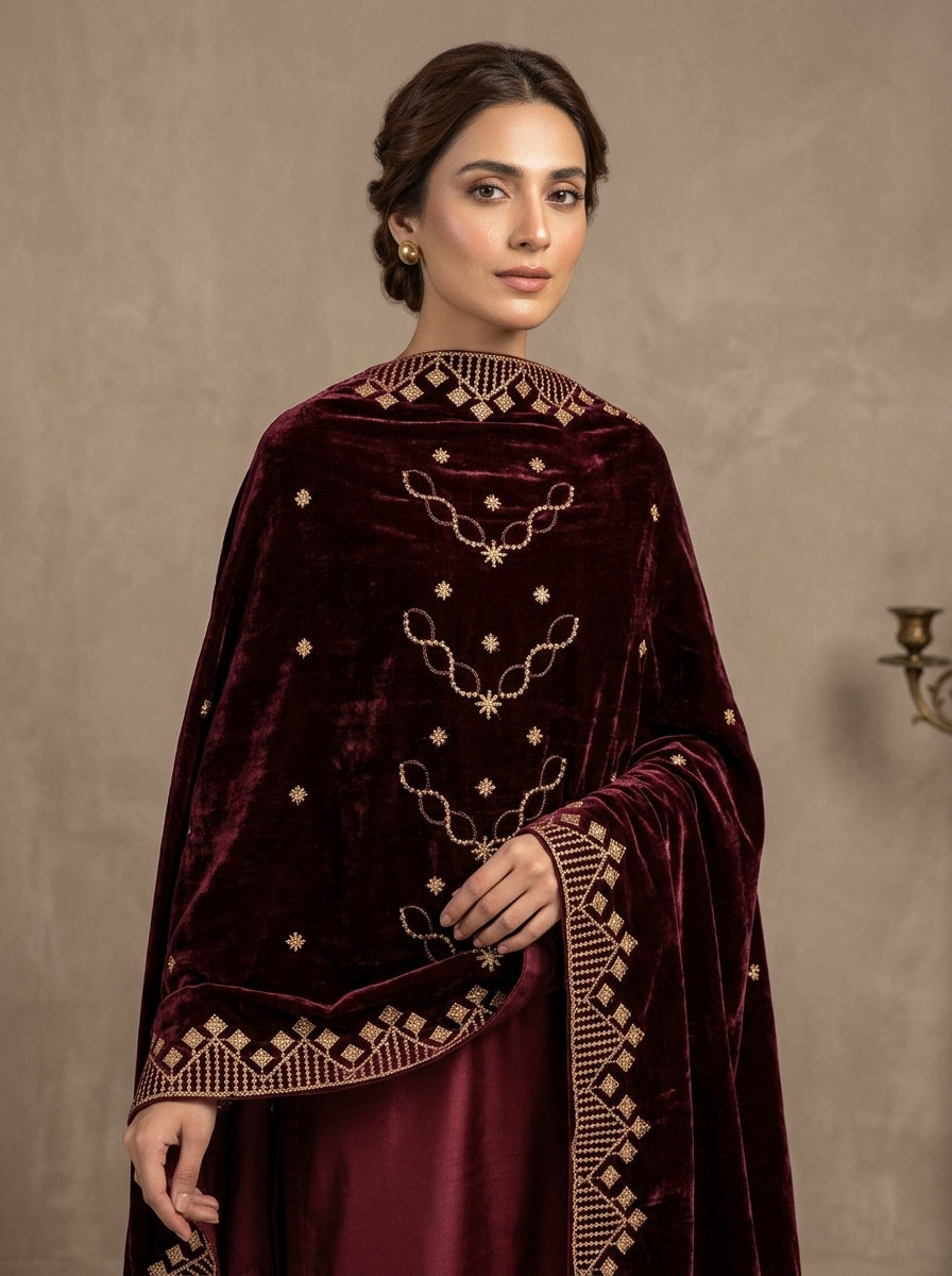 Premium Embroidered Velvet Shawl for Women – Winter Collection