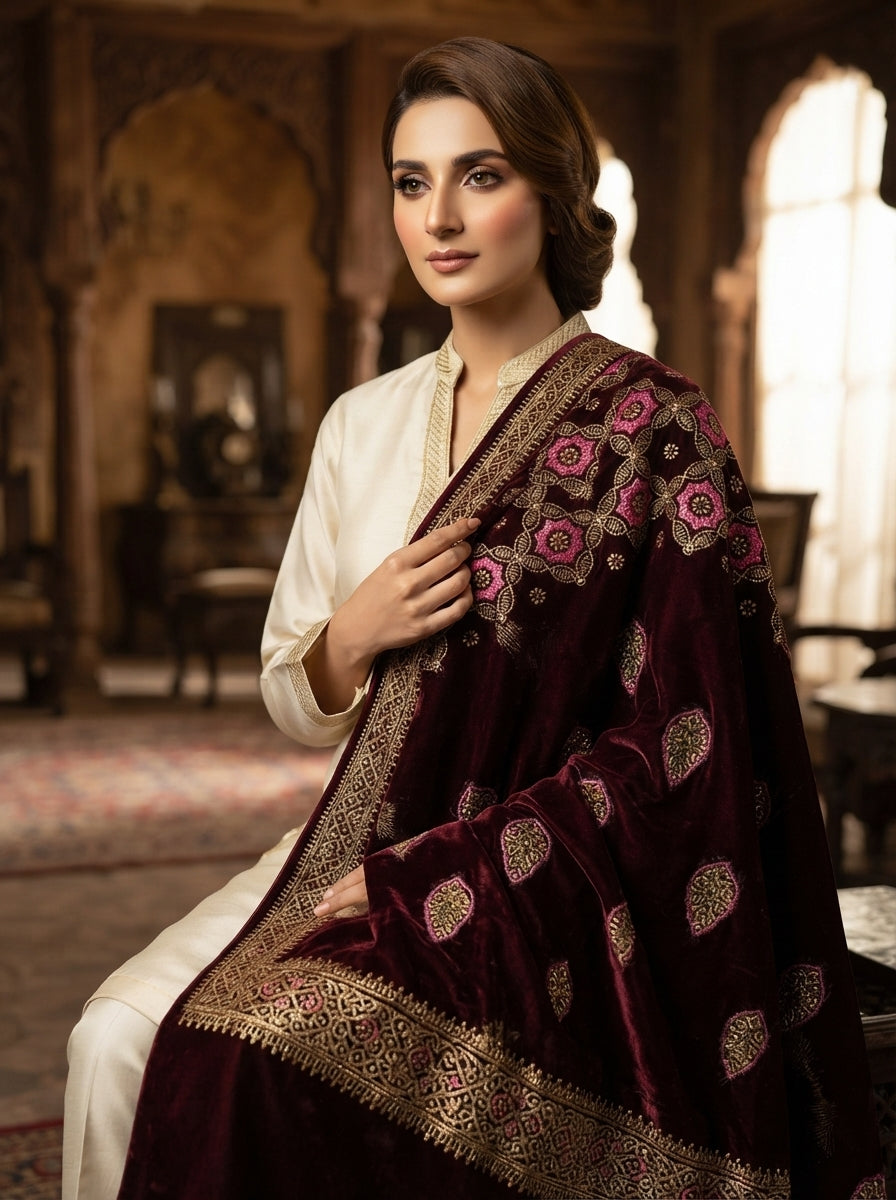 Full Embroidered Velvet Shawl – Luxury All-Over Embroidery