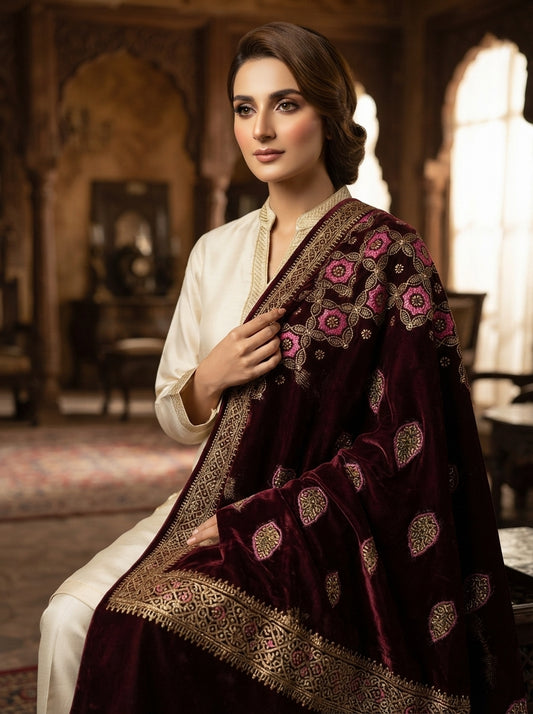 Full Embroidered Velvet Shawl – Luxury All-Over Embroidery