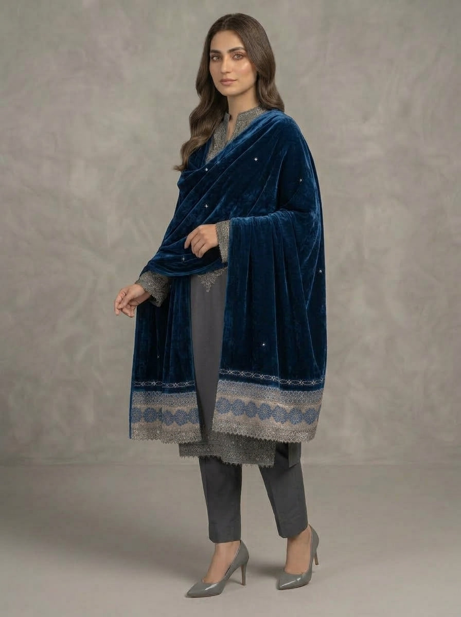 Velvet Shawl with Elegant Lace Border – Premium Winter Shawl