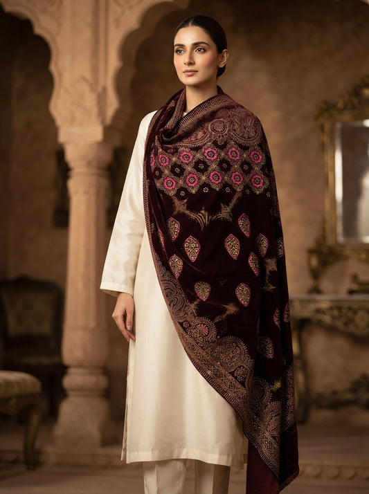 Full Embroidered Velvet Shawl – Luxury All-Over Embroidery